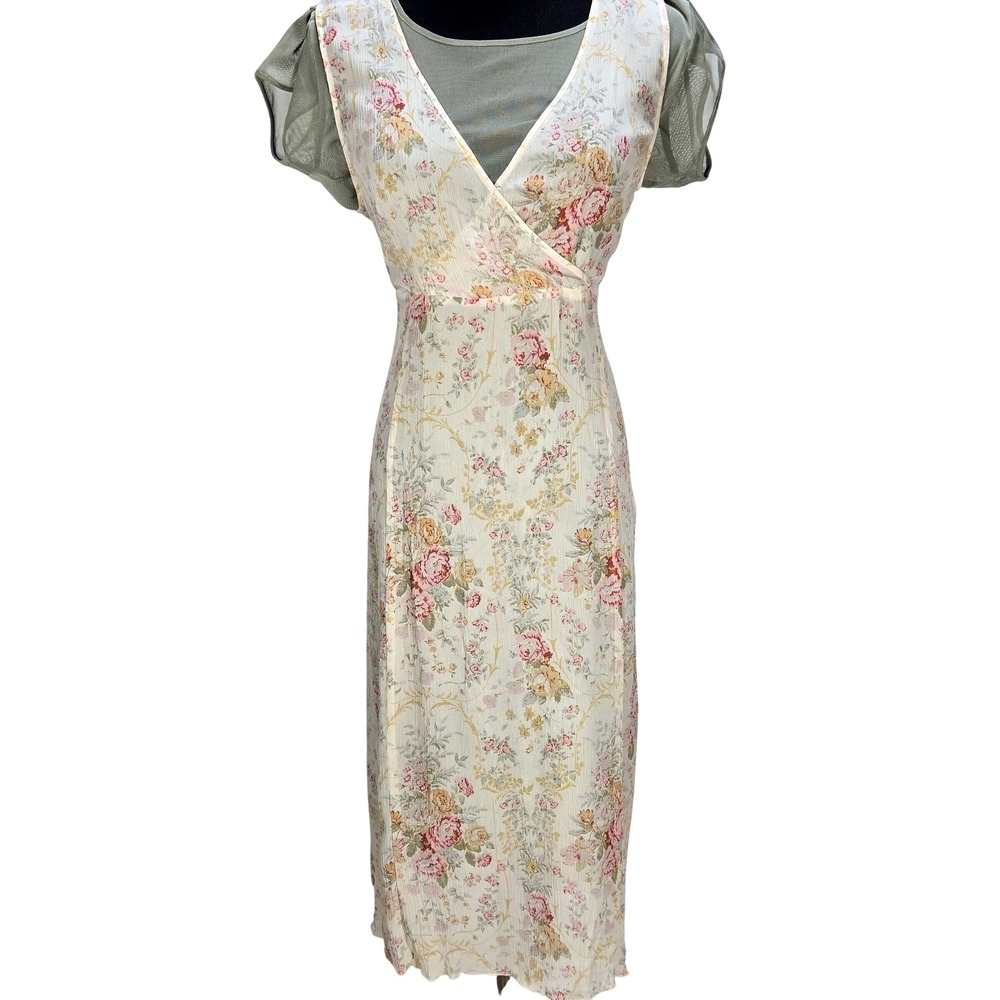Womens Isabella Bird 12 100% Silk Floral Chiffon Empire Waist Maxi Dress Cottage